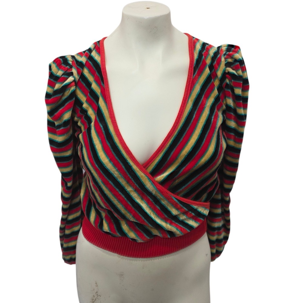 Organically Grown Striped Wrap Sweater Womens S Puff Sleeve Cropped Retro Boho